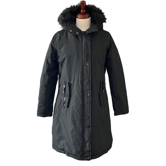 Perry Ellis Jackets & Blazers - Perry Ellis Portfolio Long Coat Women Medium Nylon Faux Fur Hooded Black